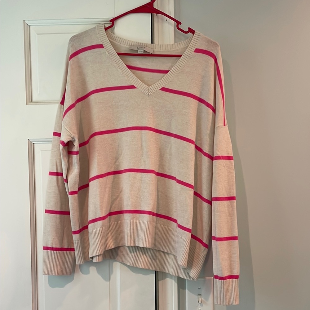 LOFT V-Neck Sweater - Cream and Pink Stripes